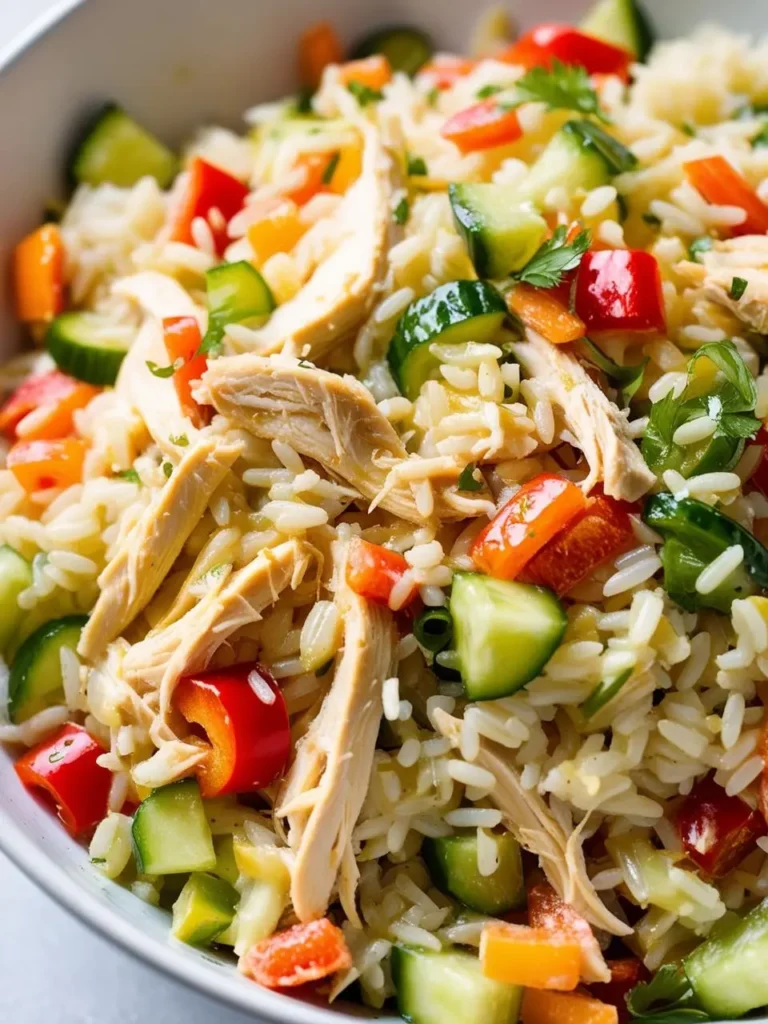 A bowl of colorful chicken and rice salad with chopped cucumbers, bell peppers, and fresh herbs. The salad looks vibrant and refreshing, perfect for a light and healthy meal.