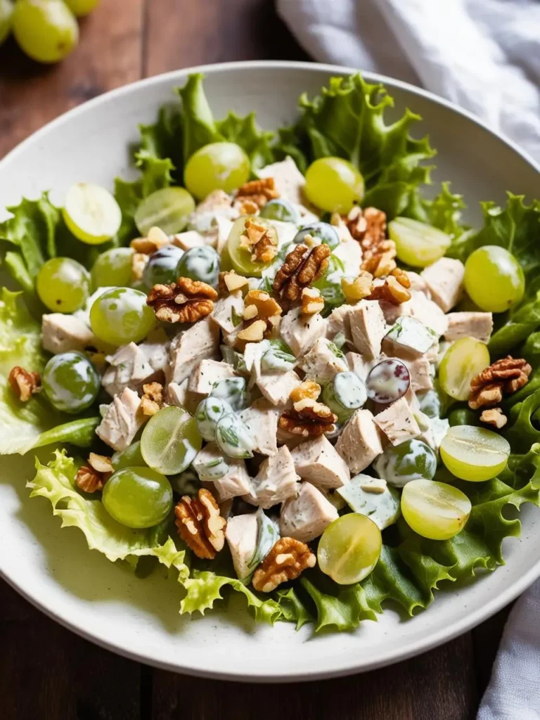 A colorful bowl of chicken salad with grapes and walnuts, surrounded by fresh ingredients