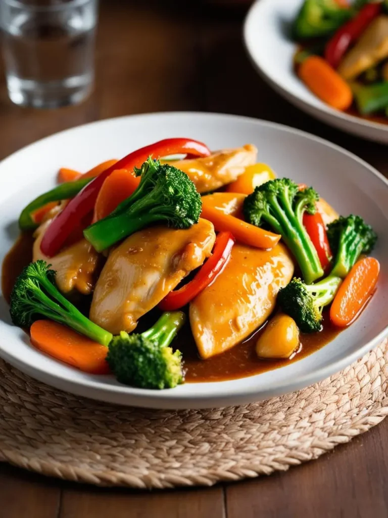 A plate of juicy chicken breast topped with a flavorful sauce and served with a colorful medley of roasted vegetables, including carrots, broccoli, and bell peppers. The dish looks delicious and nutritious, perfect for a weeknight dinner.