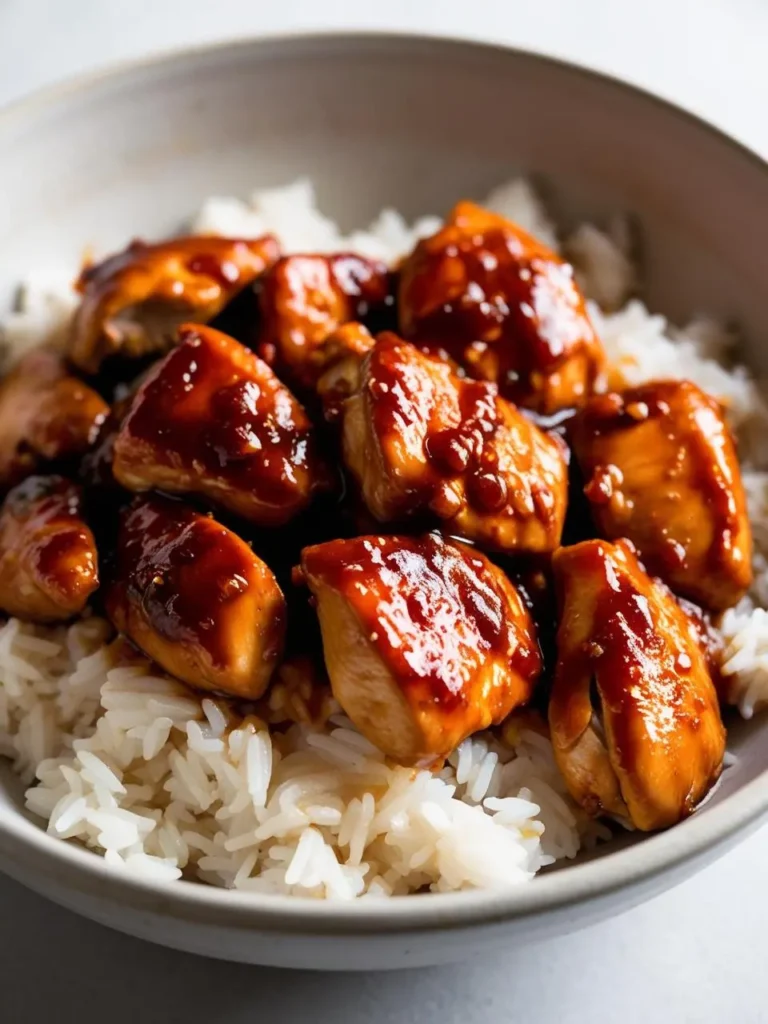 A bowl of teriyaki chicken served over a bed of white rice. The chicken is glazed with a thick, sticky sauce and looks incredibly appetizing.