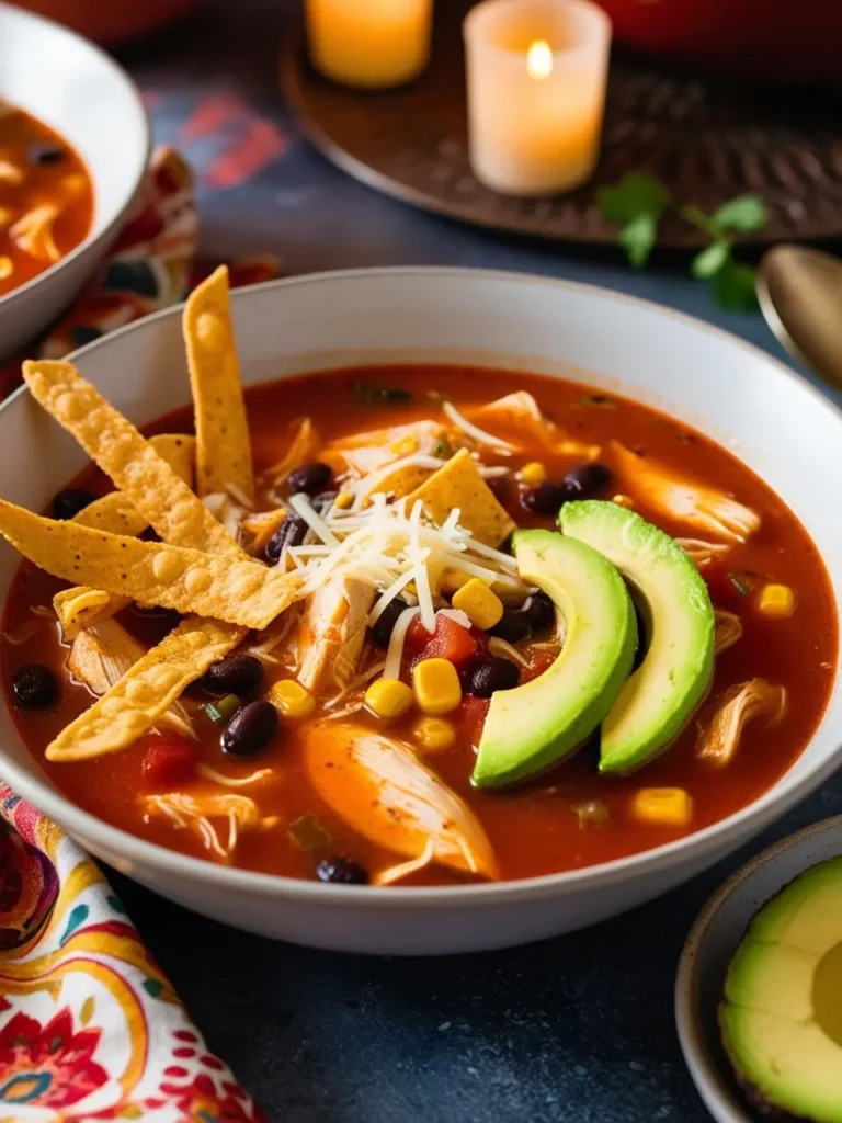 A bowl of chicken tortilla soup surrounded by colorful vegetables and herbs, candles