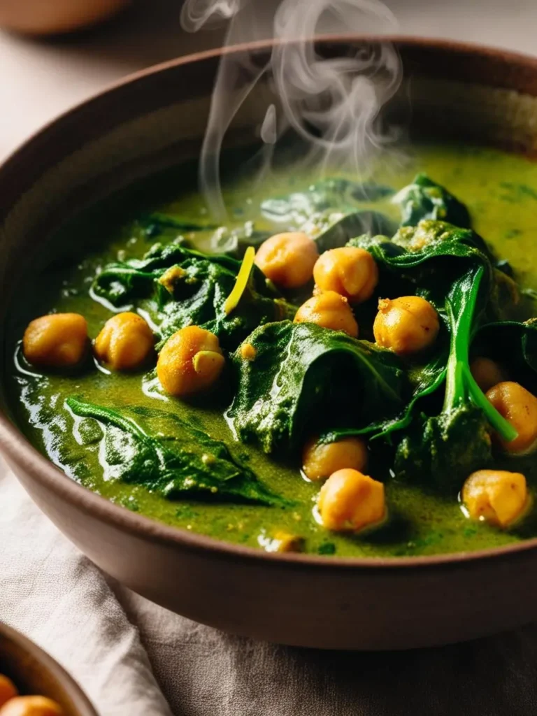 A steaming bowl of chickpea and spinach curry, with a thick, vibrant green sauce and tender chickpeas.