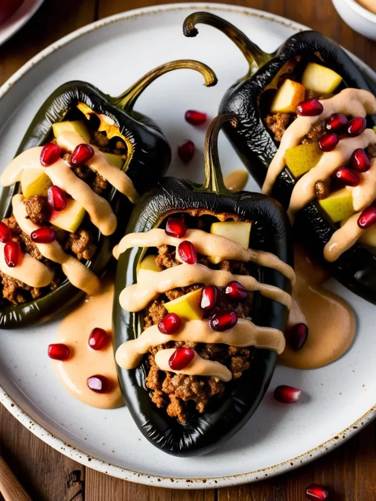 Three roasted poblano peppers stuffed with a mixture of ground beef, apples, and pomegranate seeds. The peppers are drizzled with a creamy sauce and look incredibly appetizing.