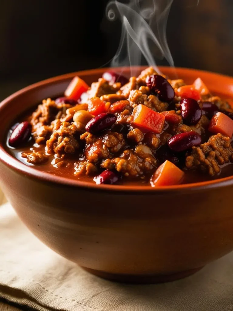 A steaming bowl of hearty chili with ground beef, kidney beans, tomatoes, and peppers. The chili looks flavorful and perfect for a cold day.