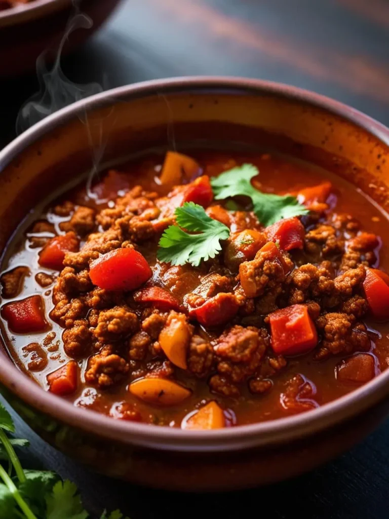 A steaming bowl of chili con carne, a hearty and flavorful Mexican dish made with ground beef, beans, and a variety of spices. The chili is garnished with fresh cilantro, adding a touch of color and freshness.