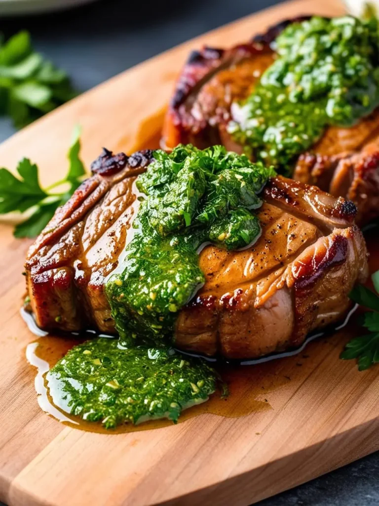 Two juicy pork chops with a golden brown crust, topped with a vibrant green chimichurri sauce. The chops are resting on a wooden board.