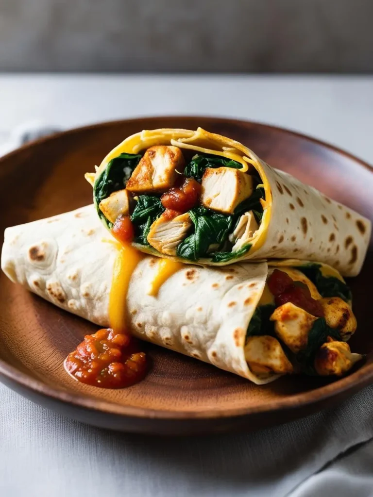 A flavorful breakfast burrito featuring tender chipotle-seasoned chicken, sautéed spinach, melted cheese, and salsa, all wrapped in a lightly toasted tortilla. The vibrant ingredients are neatly packed, with a drizzle of salsa adding a smoky kick. Served on a wooden plate, it offers a protein-rich, spicy start to the day.