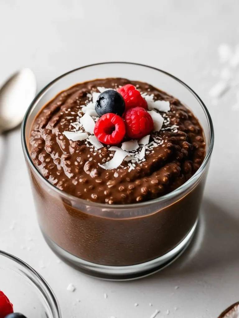 A glass of chocolate coconut chia pudding surrounded by d coconut flakes on a table