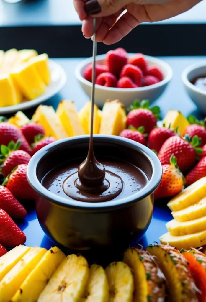 A table set with a bubbling pot of chocolate fondue surrounded by a colorful array of fresh fruits like strawberries, pineapple, and banana slices