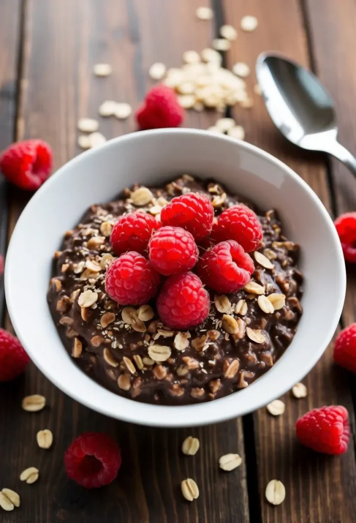 A bowl of chocolate raspberry oatmeal surrounded by fresh raspberries and a sprinkle of oats, set on a wooden table