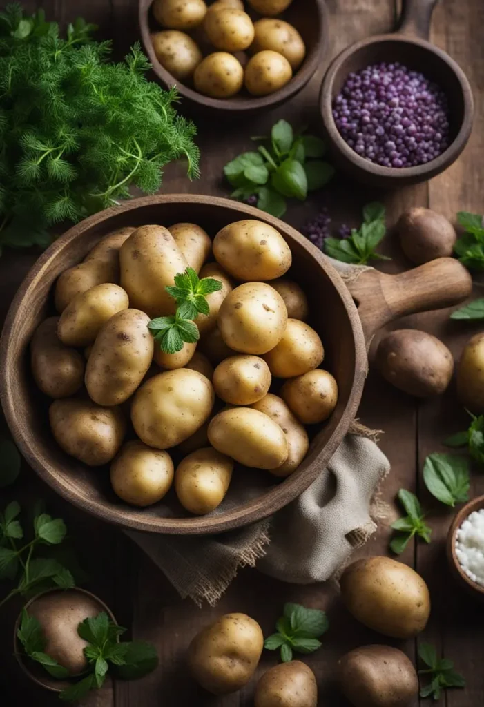 A variety of potatoes arranged on a rustic wooden table, surrounded by fresh herbs and a mixing bowl