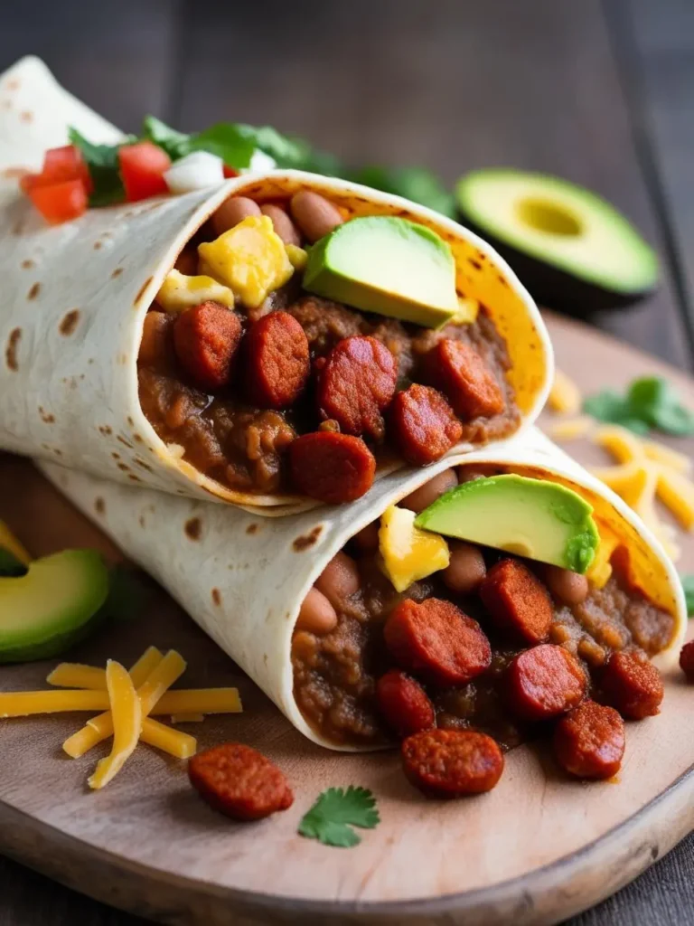 Two hearty breakfast burritos filled with chorizo, refried beans, scrambled eggs, avocado slices, and melted cheese, served on a wooden board. Garnished with fresh tomato, onion, and cilantro, the burritos offer a bold and flavorful start to the day. Vibrant ingredients spill out, creating an enticing and satisfying presentation.