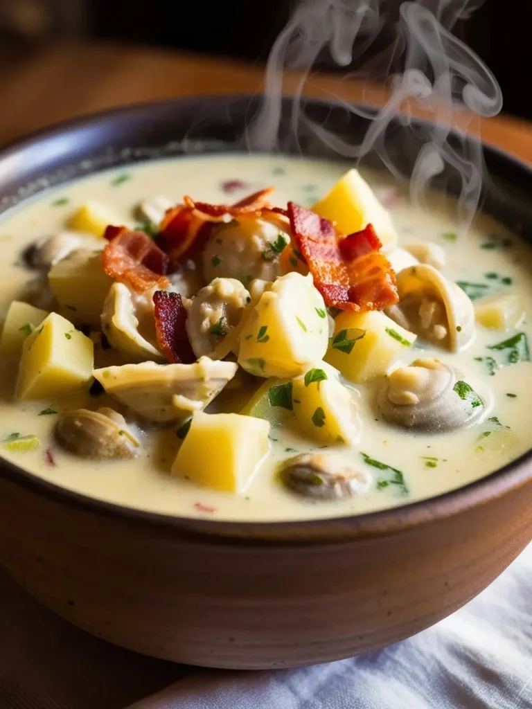 Close-up of a steaming bowl of creamy chowder filled with hearty ingredients like diced potatoes, clams, and garnished with crispy bacon and fresh parsley. The rich broth has a comforting, creamy texture, perfect for a warming, savory meal