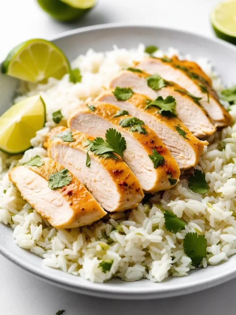 A plate of sliced chicken breast served over a bed of white rice. The chicken is seasoned with herbs and spices and has a golden brown color. Fresh cilantro and lime wedges garnish the dish, adding a touch of color and freshness.