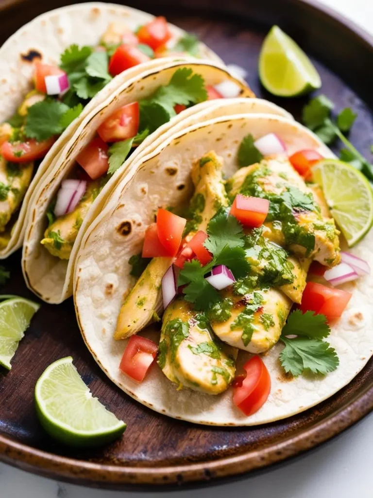 Three soft corn tortillas filled with grilled chicken, topped with pico de gallo and cilantro. The tacos are arranged on a wooden plate with lime wedges, ready to be enjoyed.