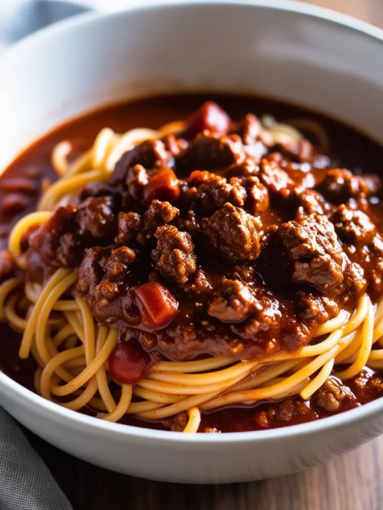 A bowl of spaghetti topped with a rich, meaty chili sauce. The dish looks hearty and flavorful, perfect for a cold day.