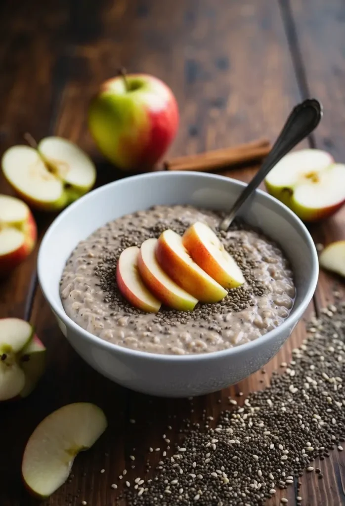 A bowl of cinnamon apple chia pudding surrounded by scattered chia seeds and apple slices on a wooden table