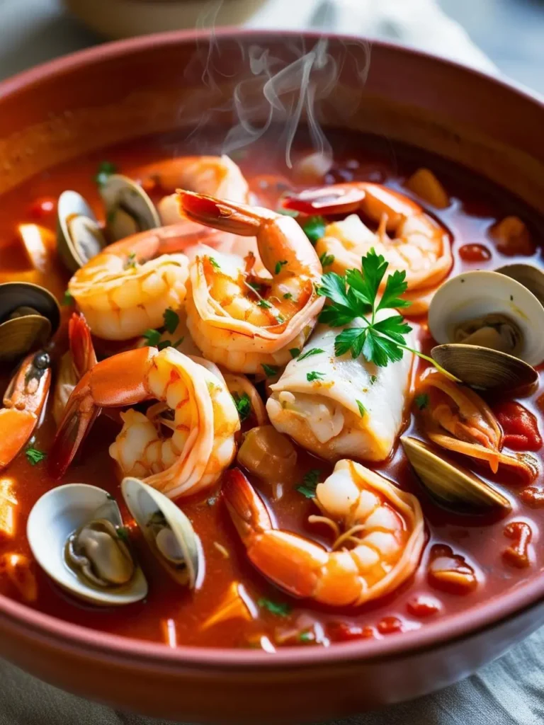 A steaming pot of Cioppino, filled with a variety of fresh seafood and aromatic herbs, sits on a rustic wooden table