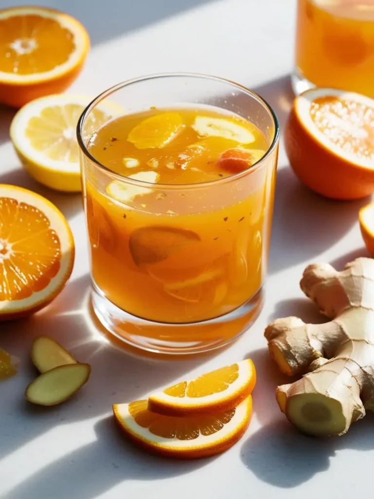 A glass of refreshing citrus-ginger drink filled with orange and lemon slices, accompanied by fresh ginger root and sliced oranges on a light surface. The bright, sunny beverage highlights a combination of citrus and ginger flavors, perfect for boosting energy and wellness.