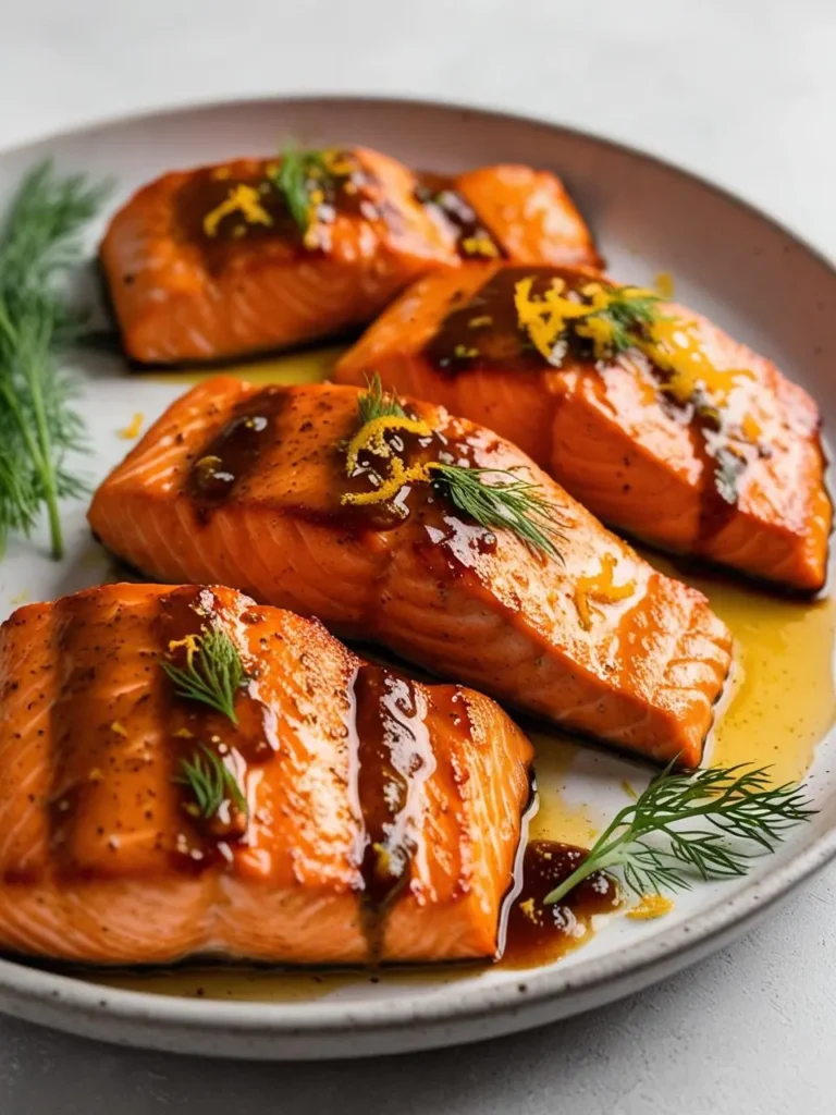 Four golden-brown salmon fillets are glazed with a rich, flavorful sauce and garnished with fresh dill. The salmon looks incredibly appetizing and ready to be enjoyed.