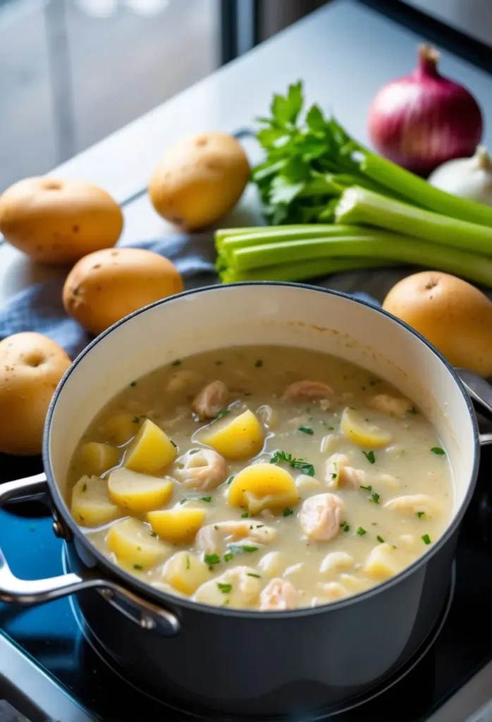 A pot of clam chowder simmering on a stove, surrounded by a few simple ingredients like potatoes, onions, and celery