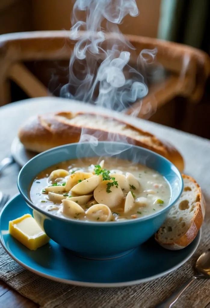 A steaming bowl of clam chowder surrounded by a loaf of crusty bread and a pat of butter on a cozy dining table