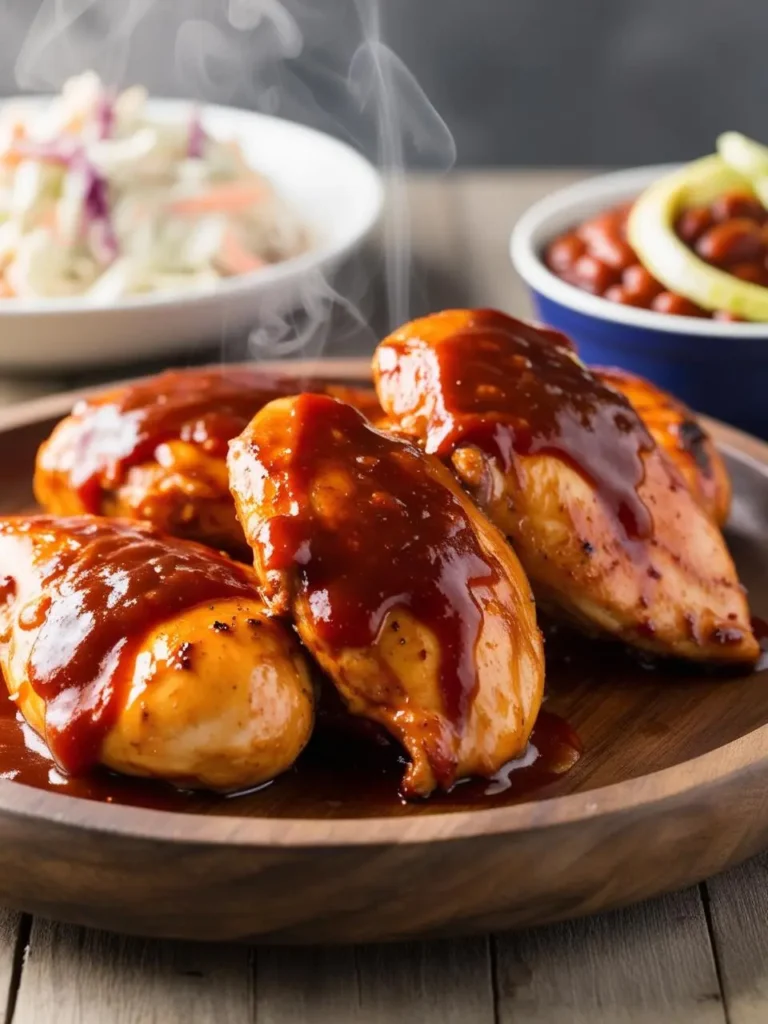 A close-up photo of a platter of juicy, grilled chicken breasts. The chicken is covered in a thick, glossy barbecue sauce and is steaming hot. There is also a side of coleslaw and baked beans visible in the background.