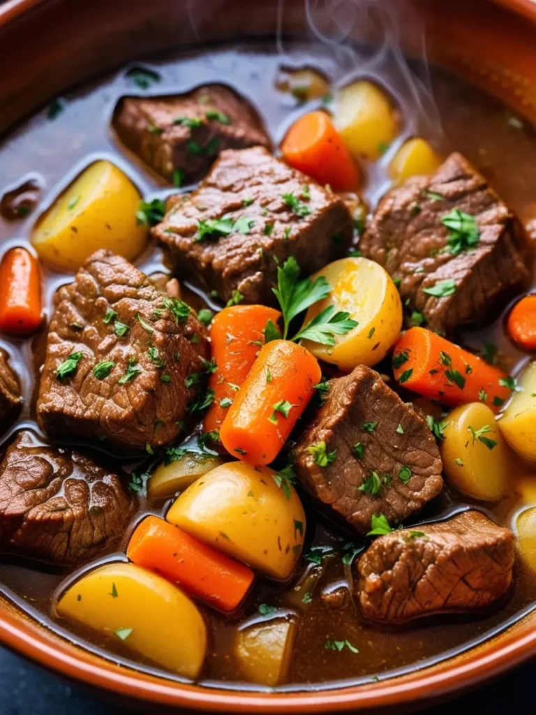 A steaming bowl of hearty beef stew with tender chunks of beef, carrots, potatoes, and a rich, flavorful broth. The stew looks incredibly appetizing and perfect for a cold winter day.