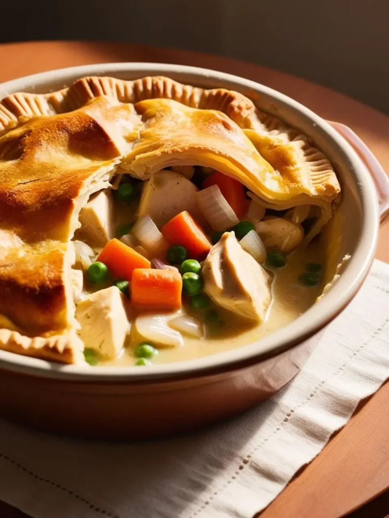 A golden brown pot pie with a flaky crust, filled with a creamy sauce and chunks of chicken, carrots, peas, and onions.