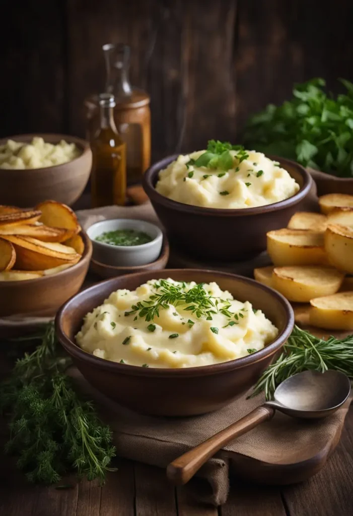 A rustic wooden table set with a steaming bowl of creamy mashed potatoes, surrounded by scattered potato skins and a sprinkle of fresh herbs