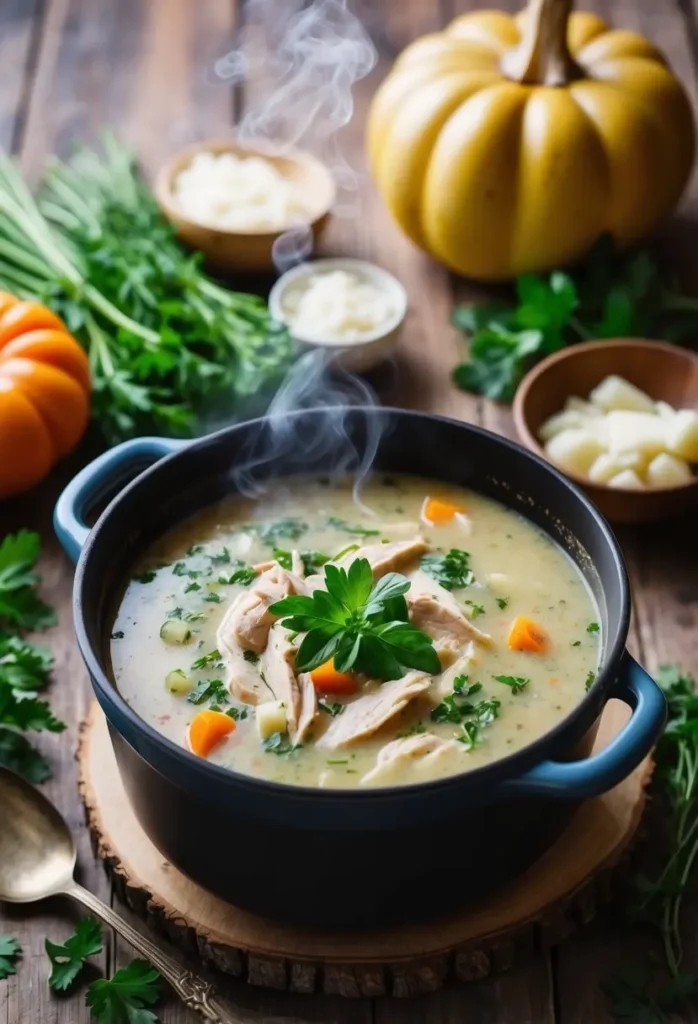 A steaming pot of creamy turkey soup surrounded by fresh herbs and vegetables on a rustic wooden table