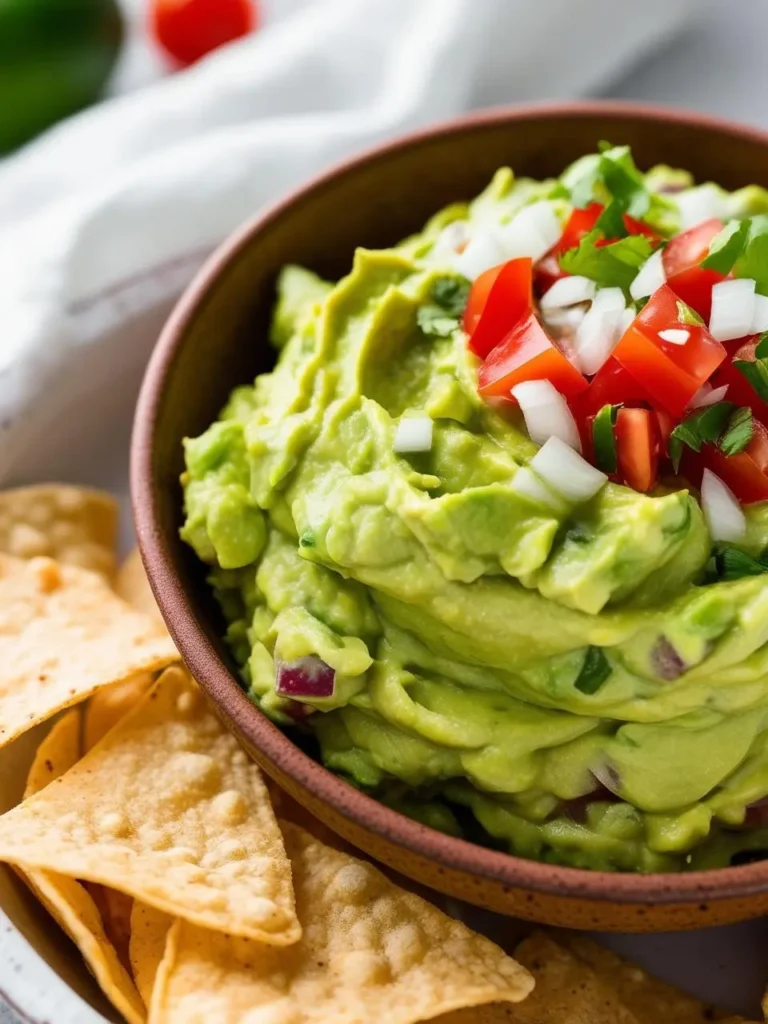 A bowl of creamy guacamole topped with diced tomatoes and onions, served with a pile of crispy tortilla chips.