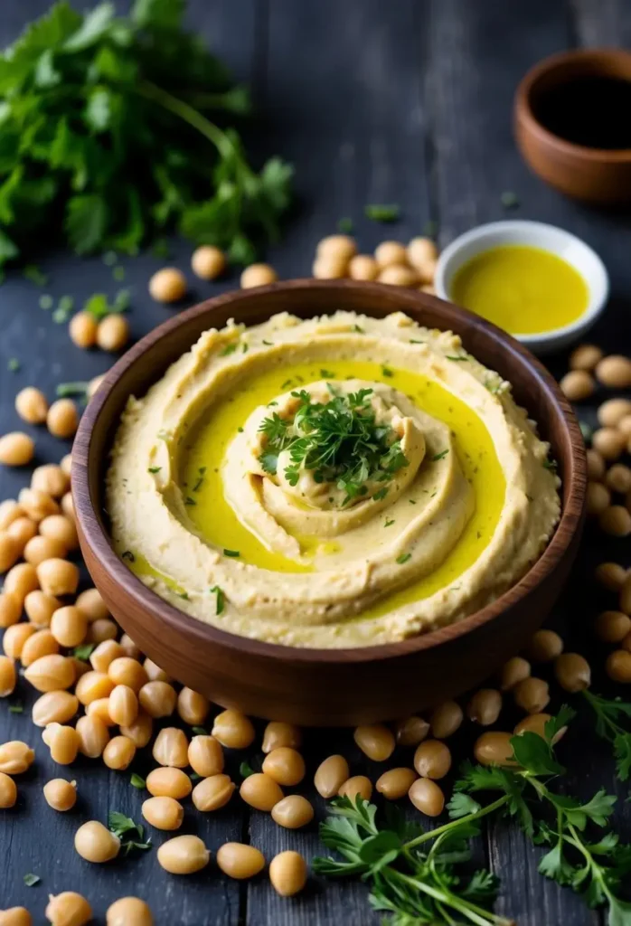 A wooden bowl filled with creamy hummus surrounded by scattered garbanzo beans, fresh herbs, and a drizzle of olive oil