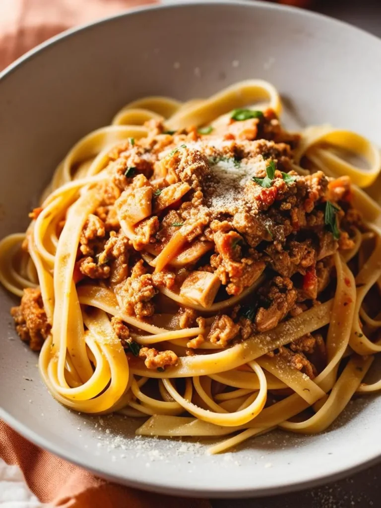 A plate of fettuccine pasta topped with a rich, meaty ragu sauce. The sauce is made with ground meat, tomatoes, and herbs. The pasta is golden brown and looks delicious.