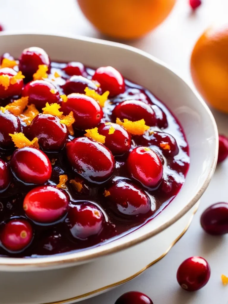 A rustic table with a plate filled with simmering cranberries and oranges, surrounded by fresh fruit