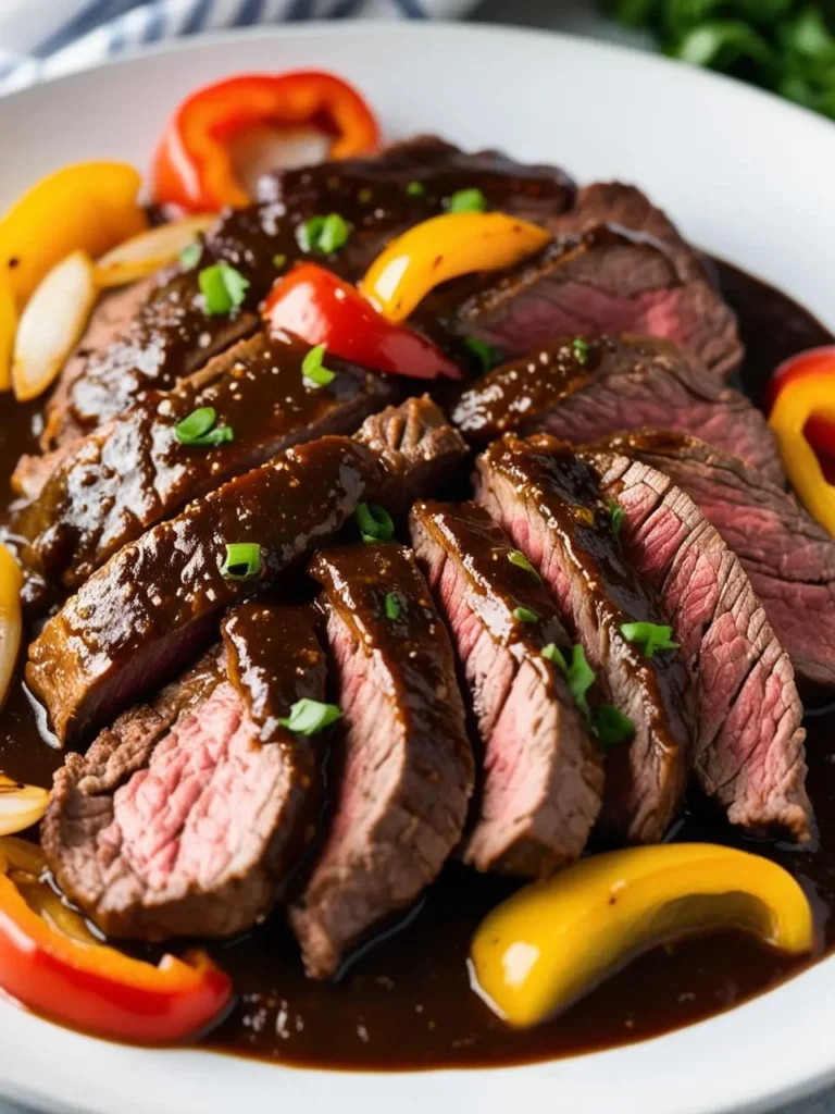 A juicy flank steak, sliced and covered in a rich, dark peppercorn sauce. The steak is surrounded by colorful bell peppers.