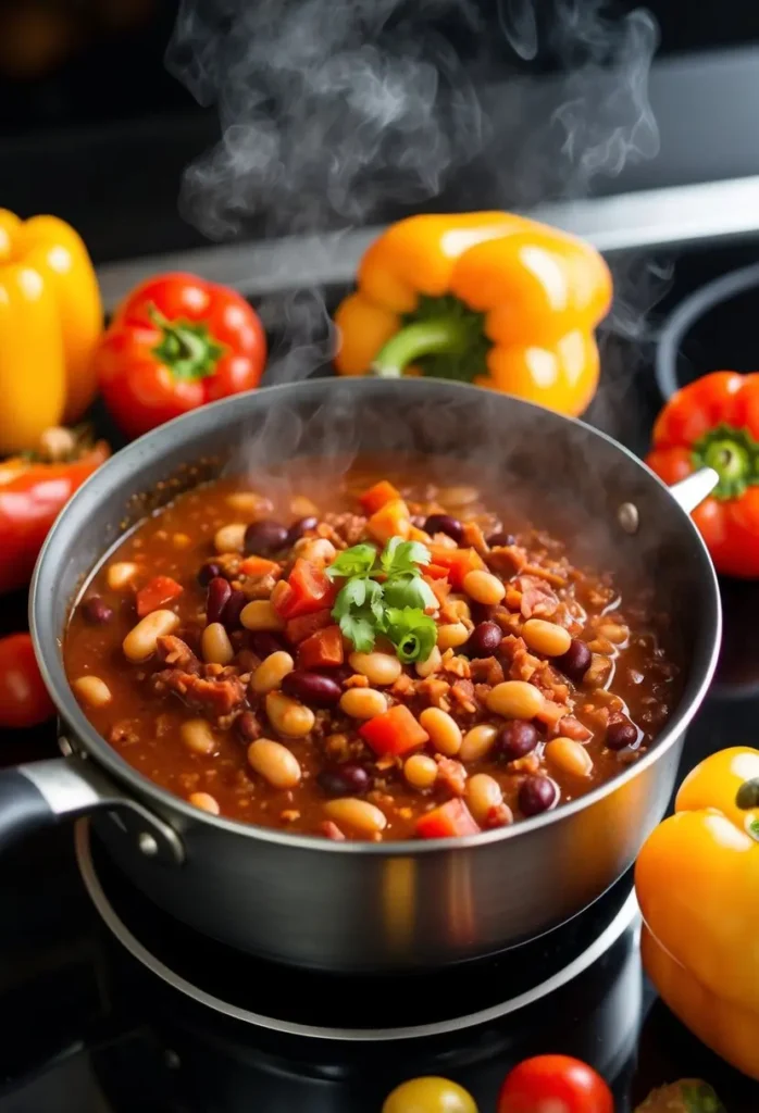 A steaming pot of pinto bean chili simmering on a stovetop, surrounded by vibrant bell peppers, diced tomatoes, and aromatic spices