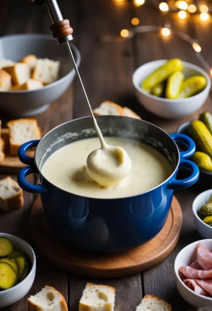 A bubbling pot of Swiss cheese fondue surrounded by cubes of bread, bowls of pickles and charcuterie, and a warm, cozy atmosphere