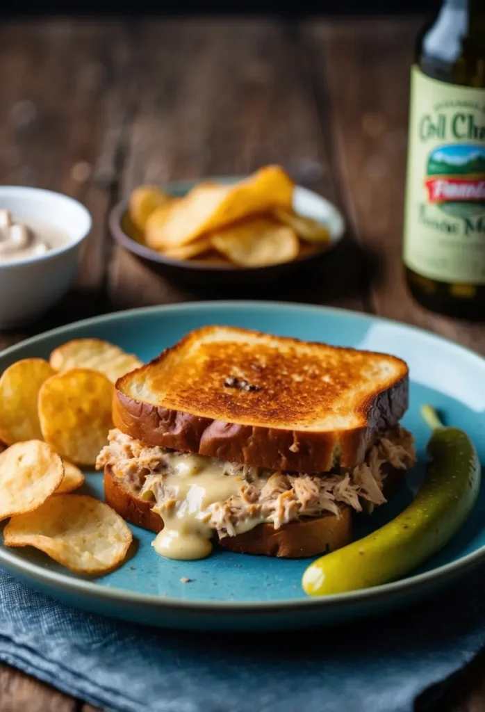 A sizzling tuna melt sandwich with gooey cheese and golden-brown bread, surrounded by a side of crispy potato chips and a dill pickle spear