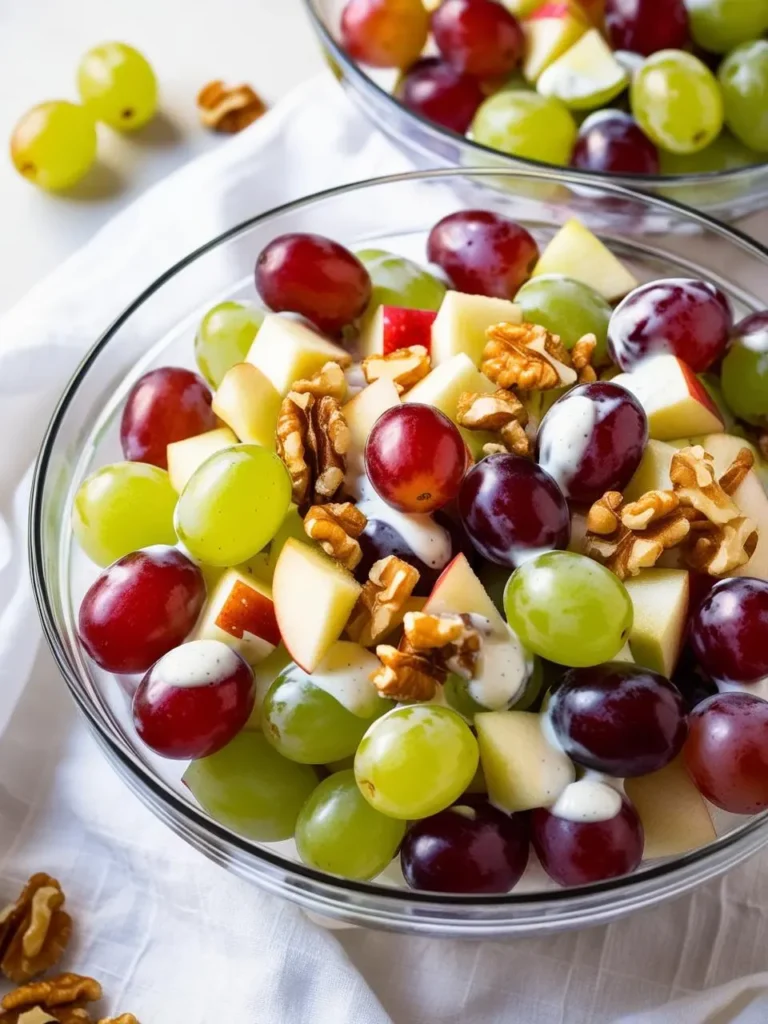 A bowl of fresh fruit salad with red and green grapes, apple chunks, and walnuts, drizzled with a creamy dressing.