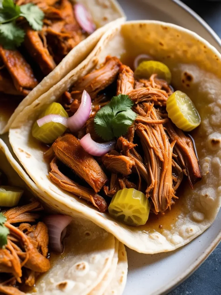 Three tacos filled with shredded pork, topped with pickled onions and garnished with fresh cilantro. The tacos look delicious and ready to be enjoyed.