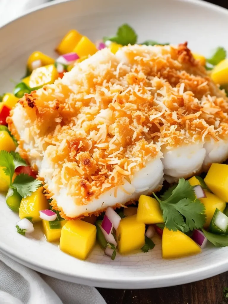 A halibut fillet coated in coconut flakes, topped with vibrant mango salsa,