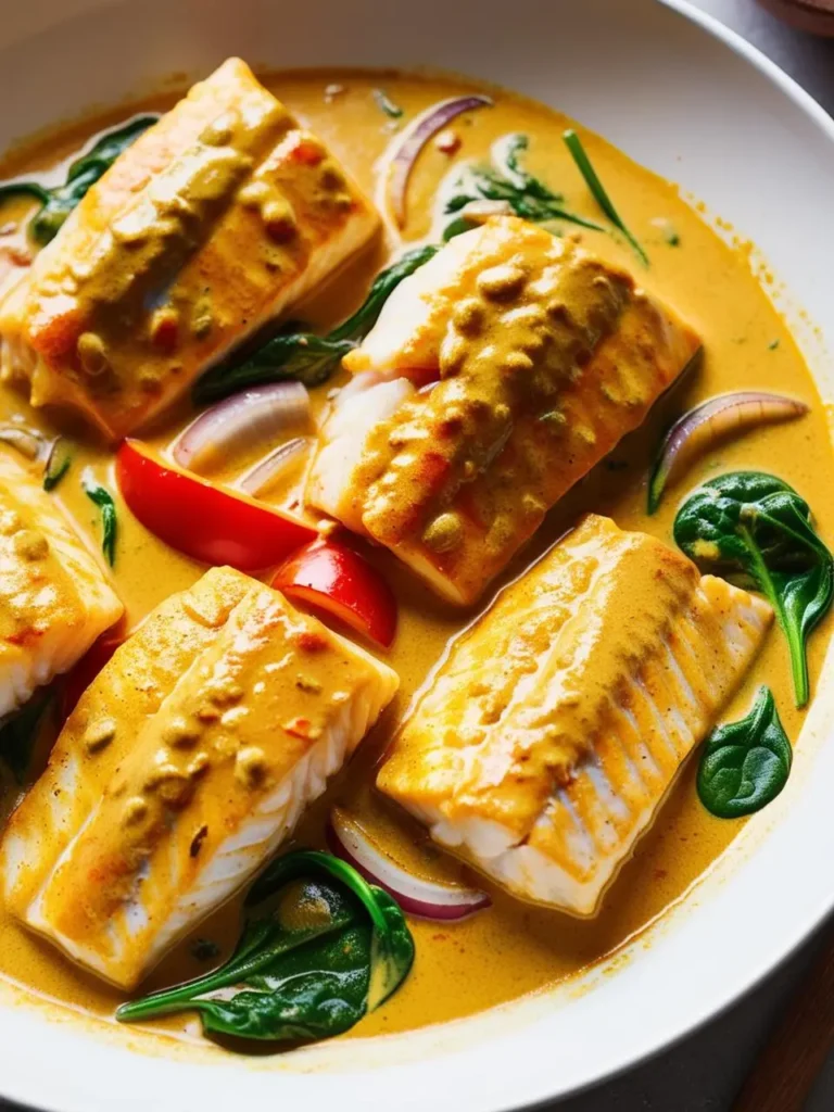 Close-up of a bowl of coconut curry snapper, featuring tender fish fillets bathed in a rich, golden coconut curry sauce. The dish is garnished with vibrant vegetables, including red bell peppers, spinach, and slices of red onion, adding pops of color and texture. The creamy sauce is speckled with aromatic spices, suggesting a warm and flavorful meal.