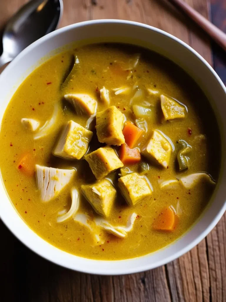 A bowl of steaming chicken curry soup with carrots, potatoes, and chunks of chicken. The soup looks flavorful and perfect for a cold day.