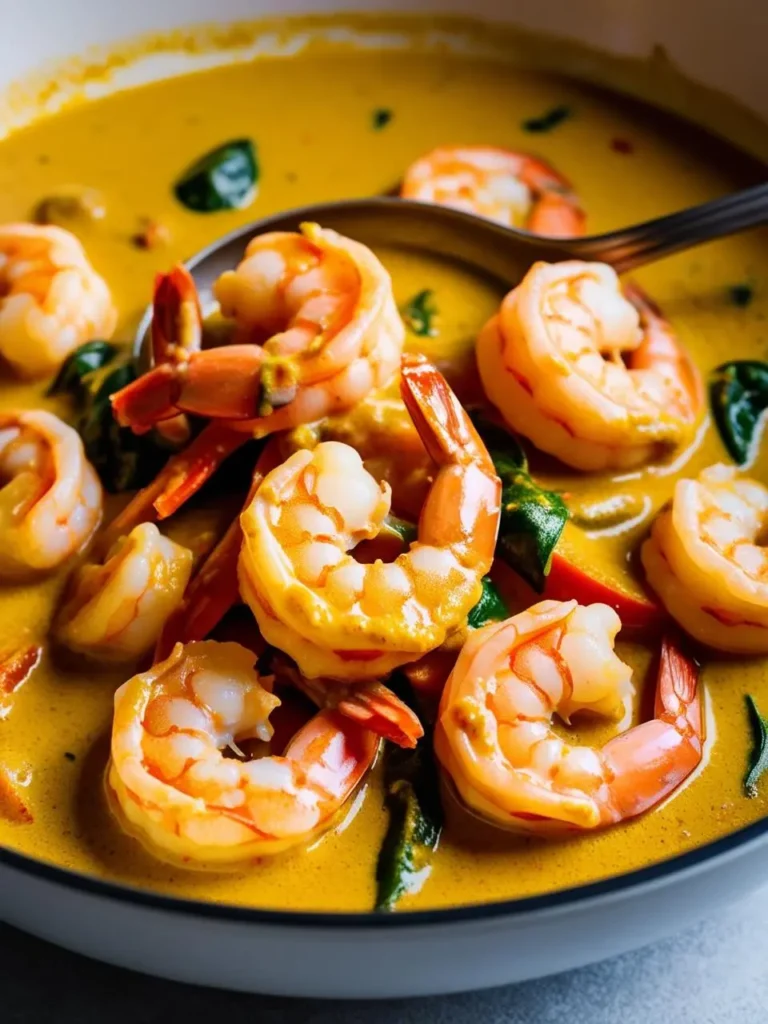 A bowl of creamy shrimp curry with tender shrimp and a rich, golden curry sauce. The dish looks flavorful and perfect for a comforting meal.