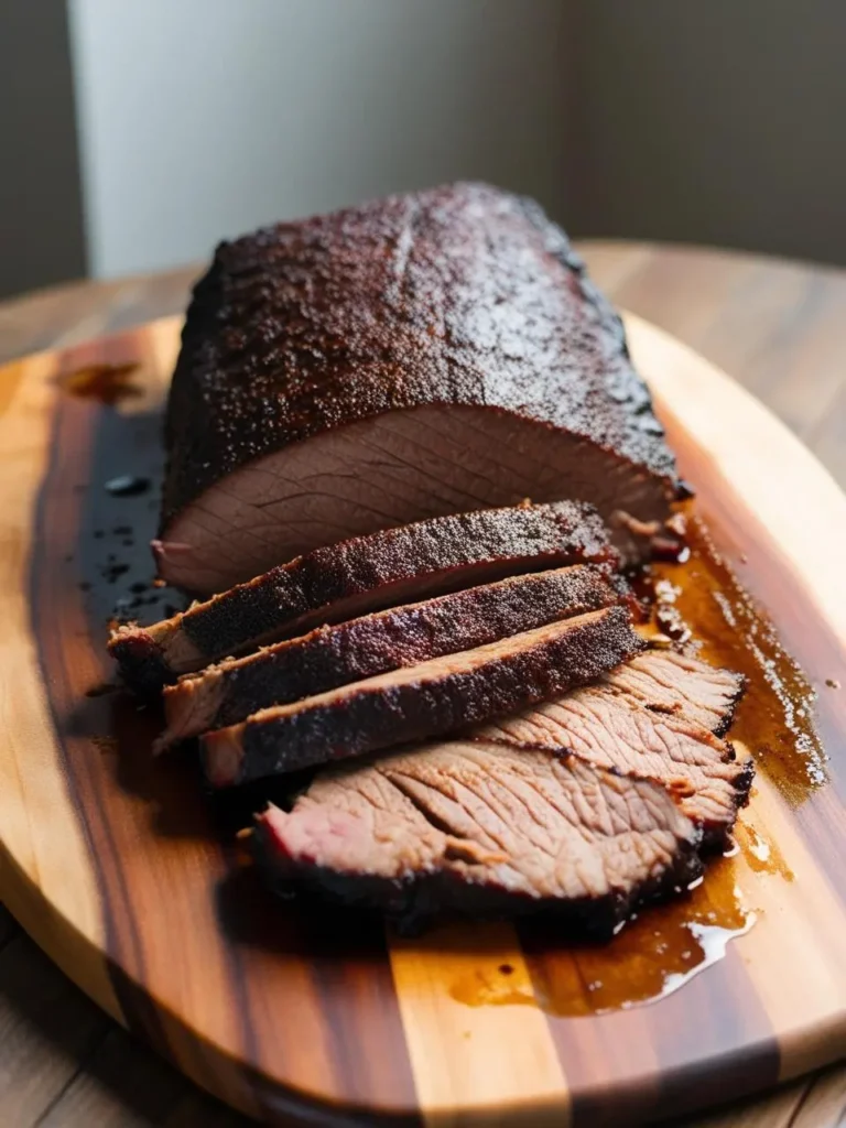 A juicy smoked brisket, sliced on a wooden board.