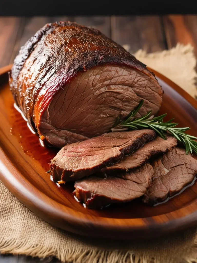 A perfectly roasted beef tenderloin, sliced and served on a wooden platter. The meat is juicy and tender, with a crispy outer layer. The dish is garnished with fresh rosemary sprigs and looks incredibly appetizing.