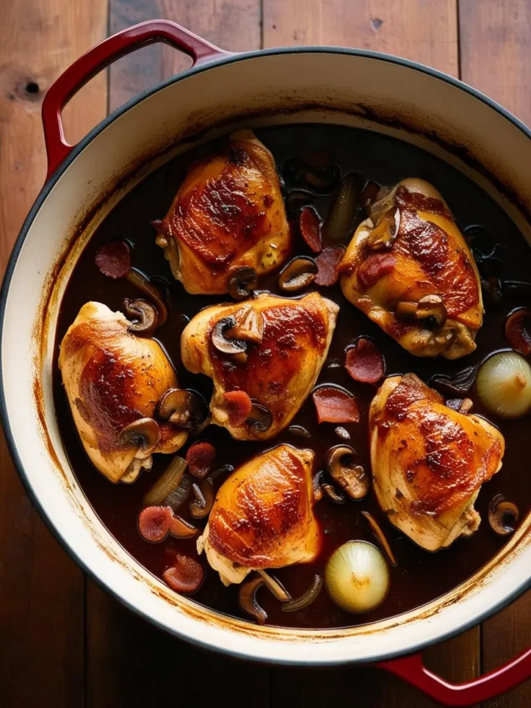 A cast iron pot filled with a delicious-looking Coq au Vin. Chicken thighs are simmering in a rich, red wine sauce with mushrooms, pearl onions, and bacon. The dish looks incredibly appetizing and perfect for a cozy meal.