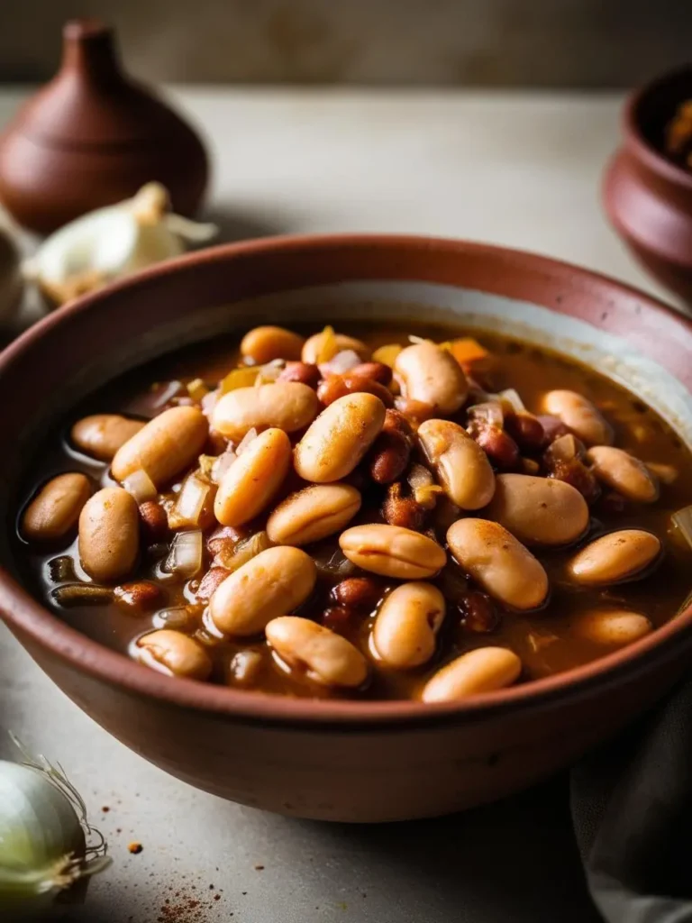 This image presents a rustic bowl of cowboy pinto beans, rich in flavor and simmered to perfection. The beans are surrounded by a hearty broth infused with aromatic spices and chunks of onions, creating a warm, comforting dish. The background hints at earthy, homestyle cooking with elements like garlic cloves and clay pots, emphasizing the traditional, cozy feel.