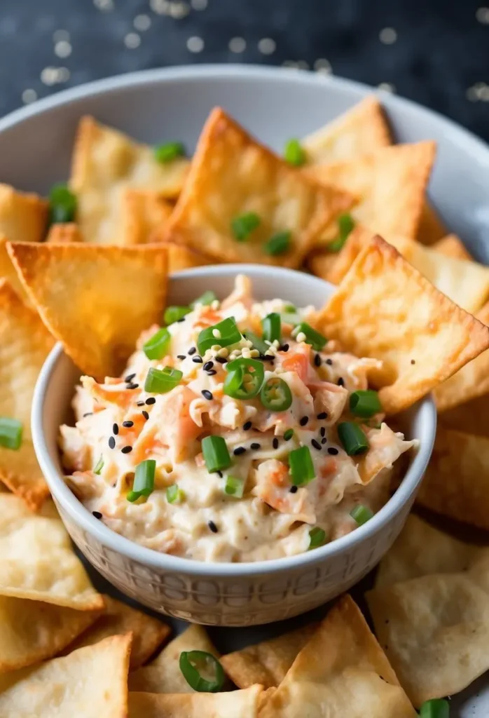 A bowl of creamy Crab Rangoon Dip surrounded by crispy wonton chips and garnished with green onions and sesame seeds